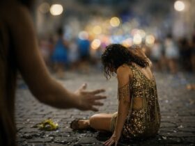 a imagem mostra uma mulher em estado de embriagues no carnaval; a foto tem um tom melancolico, como se a moça tivesse sido vítima de algum abuso