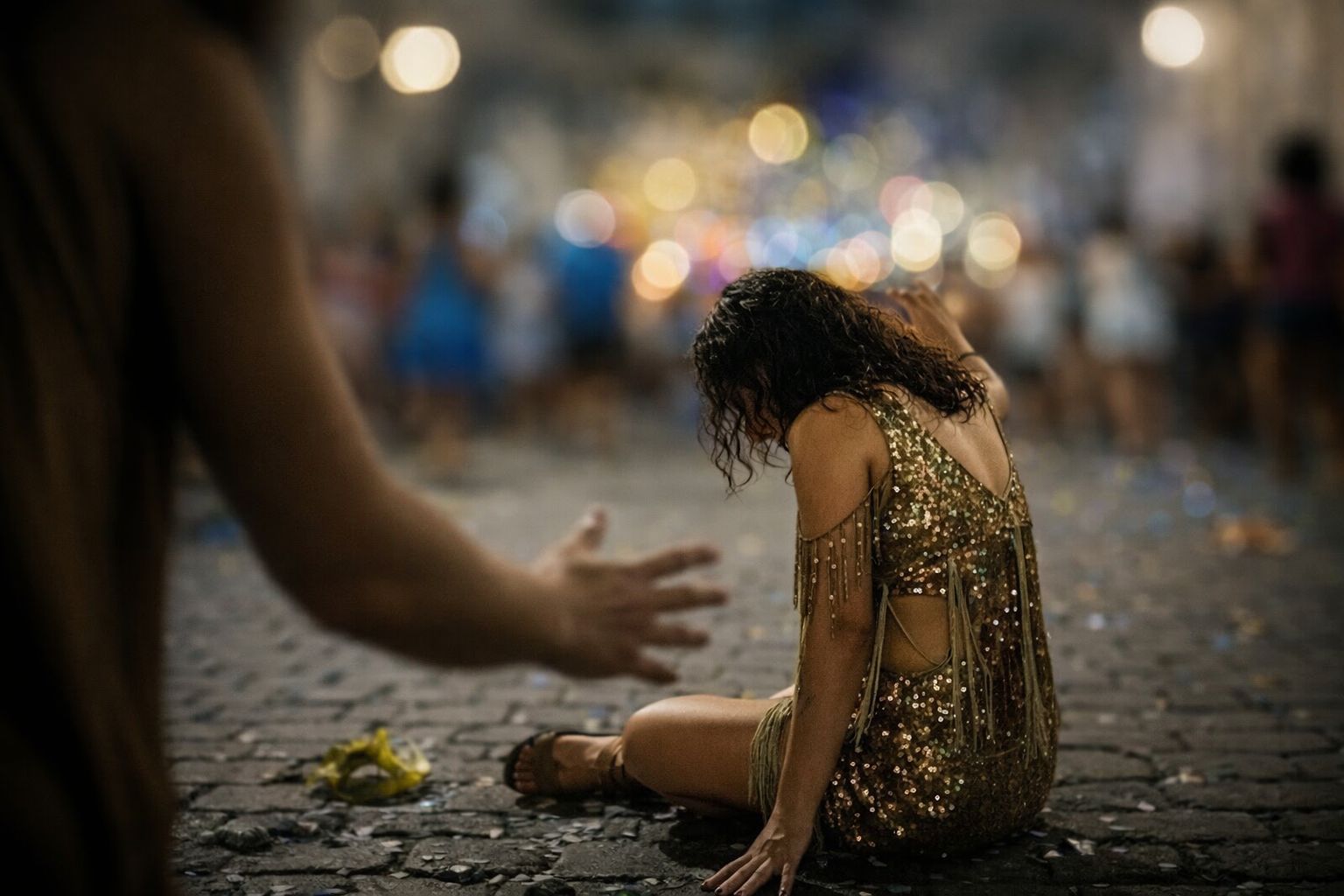 a imagem mostra uma mulher em estado de embriagues no carnaval; a foto tem um tom melancolico, como se a moça tivesse sido vítima de algum abuso