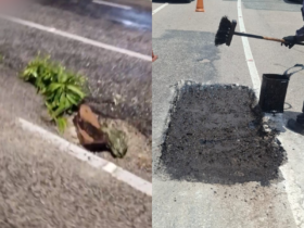 A imagem mostra o antes e o depois do buraco