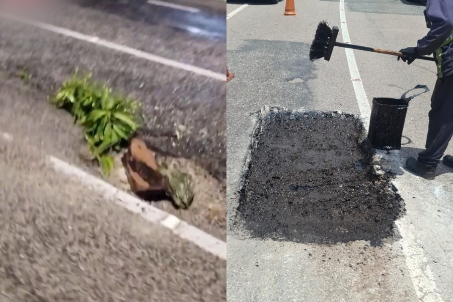 A imagem mostra o antes e o depois do buraco