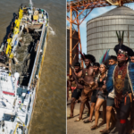 Vista de um navio no Tapajós e povos indígenas ocupando a Cargil