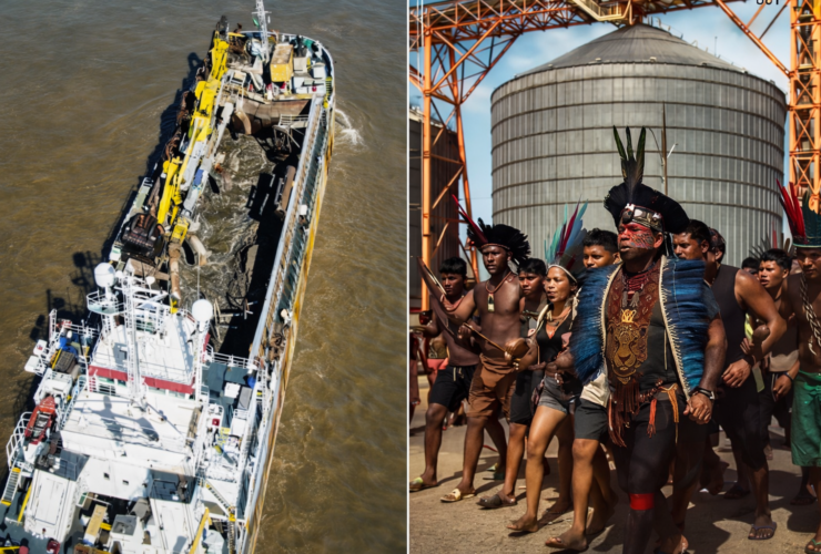 Vista de um navio no Tapajós e povos indígenas ocupando a Cargil