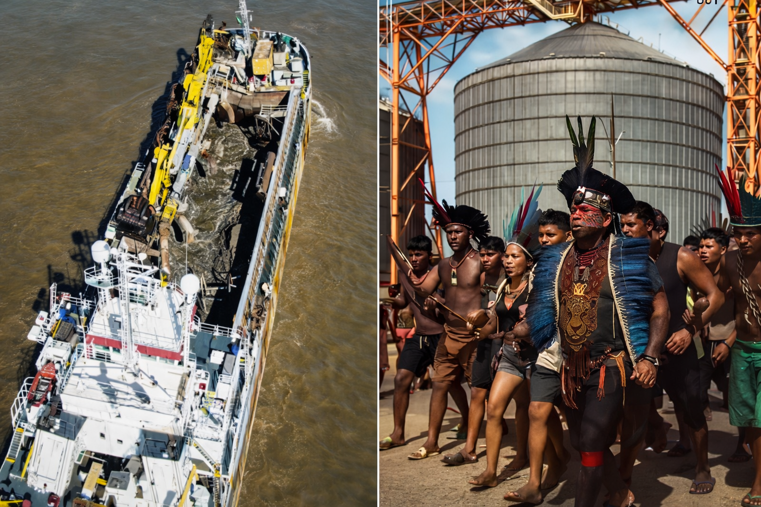 Vista de um navio no Tapajós e povos indígenas ocupando a Cargil