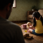 Na imagem aparcem silueta de homem e um menina sentada da e brincando