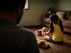 Na imagem aparcem silueta de homem e um menina sentada da e brincando