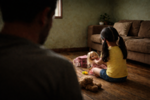 Na imagem aparcem silueta de homem e um menina sentada da e brincando