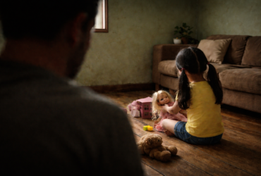 Na imagem aparcem silueta de homem e um menina sentada da e brincando