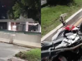 Motocicleta caída no chão após grave acidente na avenida Júlio César, em Belém.