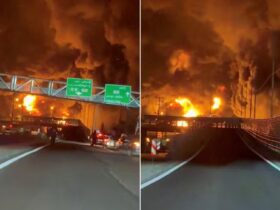 Imagens mostram depósito de combustível em chamas no Irã.