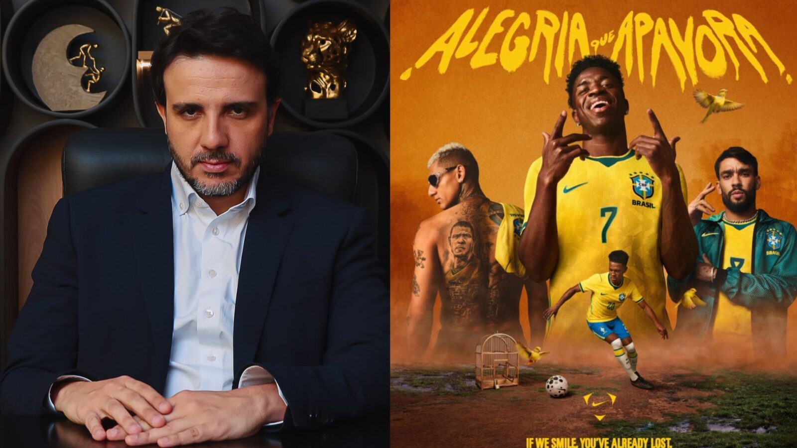 Renan Santos (à esquerda) e a campanha publicitária da Nike para divulgar o novo uniforme da Seleção Brasileira.