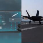 Do lado esquerdo um freme do jogo e do lado direito o caça dos Estados Unidos em direção ao Irã