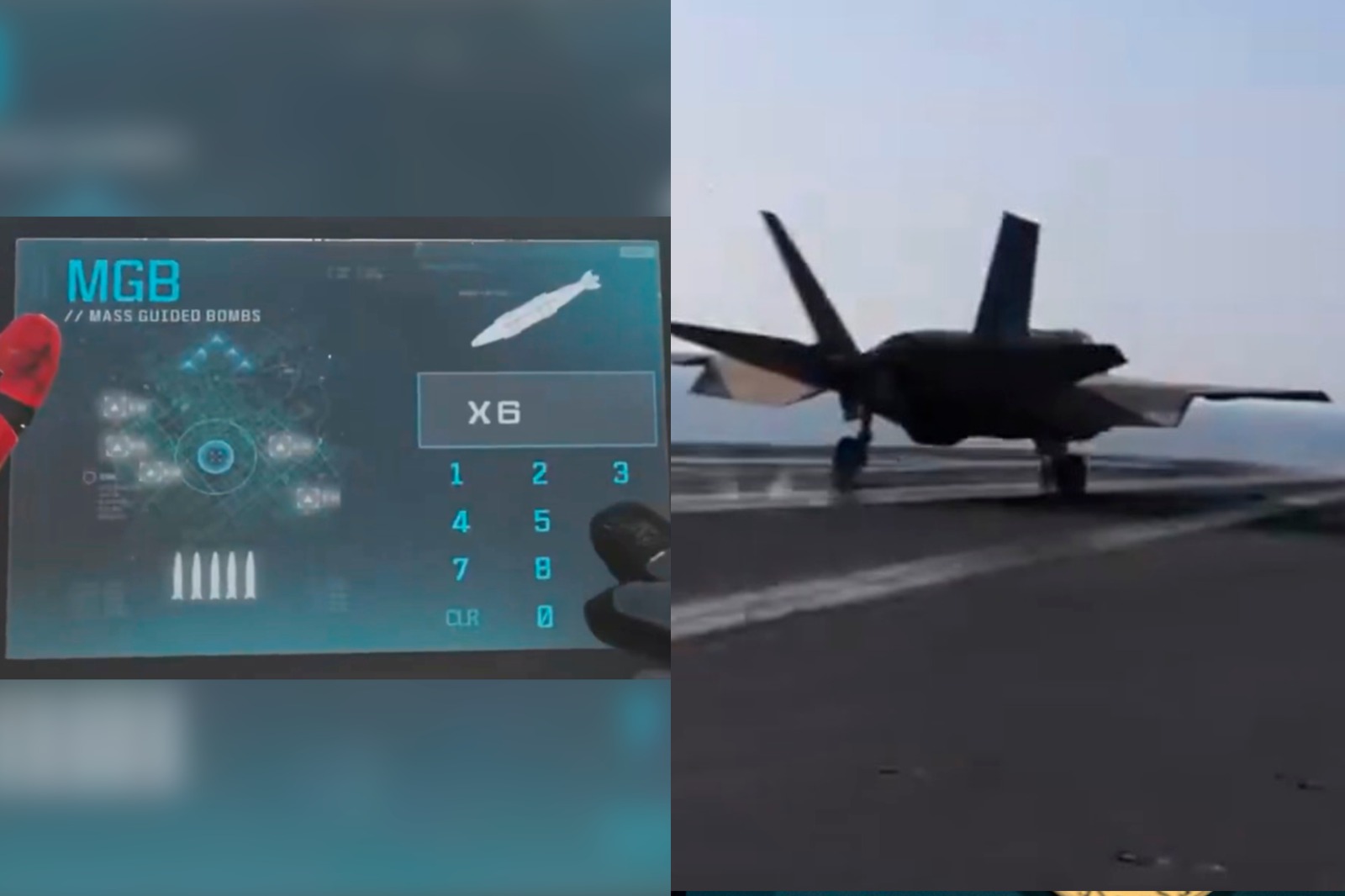 Do lado esquerdo um freme do jogo e do lado direito o caça dos Estados Unidos em direção ao Irã