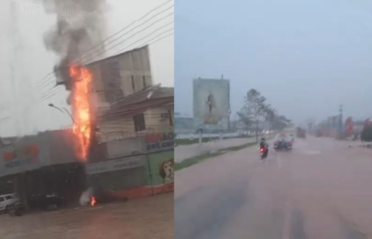 Registros mostram o momento exato da explosão em poste de energia; trânsito na rodovia sofre com o acúmulo de água.