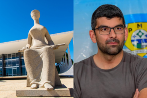 Prefeito daniel santos ao lado da fachada do stf, em uma montagem