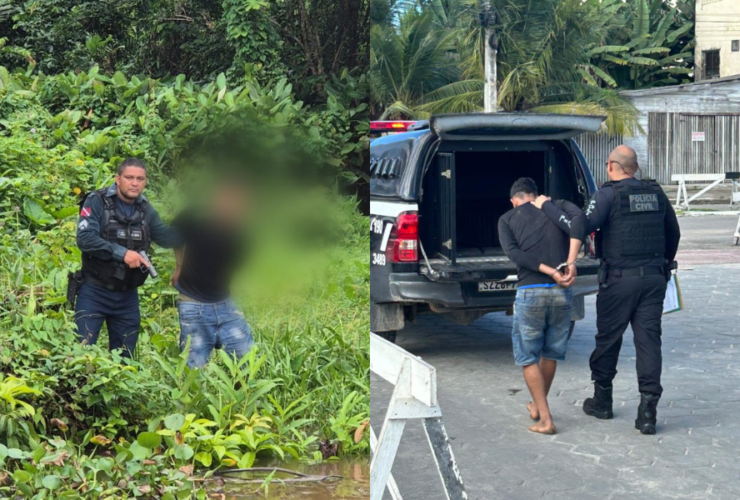 Imagem dividida, do lado esquerdo tem um registro do momento da prisão do suspeito na localidade ribeirinha, onde um policial militar segura o suspeito que tem seu rosto borrado. Do lado direito um registro do momento em que um agende da polícia leva o suspeito algemado de costas até a viatura.