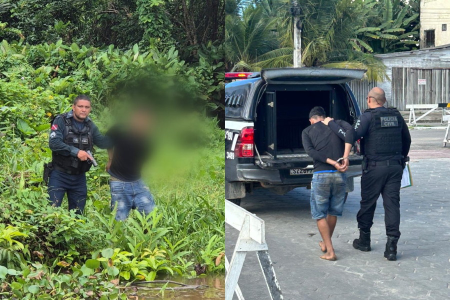 Imagem dividida, do lado esquerdo tem um registro do momento da prisão do suspeito na localidade ribeirinha, onde um policial militar segura o suspeito que tem seu rosto borrado. Do lado direito um registro do momento em que um agende da polícia leva o suspeito algemado de costas até a viatura.