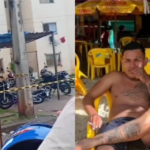 Imagem com a tela dividida, na esquerda é uma imagem da cena do crime onde o corpo está isolado pela polícia próximo a algumas motocicletas, do lado direito está uma imagem da vítima sem camisa sentada em uma cadeira de plástico amarela em um momento de lazer.