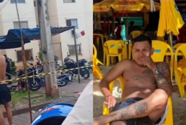 Imagem com a tela dividida, na esquerda é uma imagem da cena do crime onde o corpo está isolado pela polícia próximo a algumas motocicletas, do lado direito está uma imagem da vítima sem camisa sentada em uma cadeira de plástico amarela em um momento de lazer.