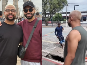 Imagem divida, do lado esquerdo está uma foto da dupla de influenciadores abraçados em um ponto turístico não-identificado durante uma de suas viagens, do lado direito é o registro do momento do assalto onde um dos influenciadores é abordado por um homem armado com uma faca.