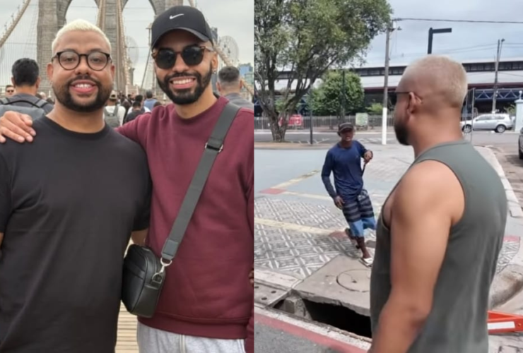 Imagem divida, do lado esquerdo está uma foto da dupla de influenciadores abraçados em um ponto turístico não-identificado durante uma de suas viagens, do lado direito é o registro do momento do assalto onde um dos influenciadores é abordado por um homem armado com uma faca.