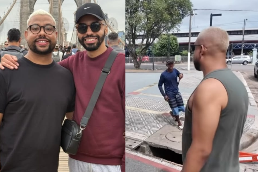 Imagem divida, do lado esquerdo está uma foto da dupla de influenciadores abraçados em um ponto turístico não-identificado durante uma de suas viagens, do lado direito é o registro do momento do assalto onde um dos influenciadores é abordado por um homem armado com uma faca.