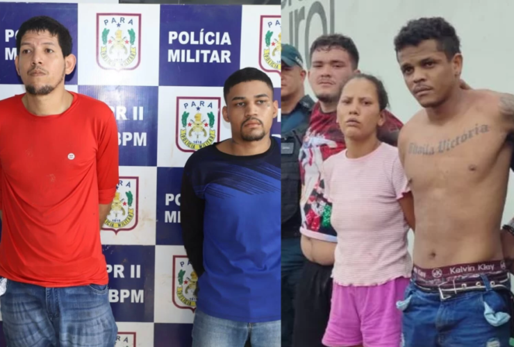 Tela dividida em dois, do lado esquerdo dois suspeitos aparecem presos na frente de um painel da Polícia Militar do Pará, um deles veste uma camisa de mangas longas laranjada e o outro com uma camisa de mangas longas pretas com detalhes em azul escuro. Do lado direito, o trio aparece algemado com as mãos para trás, dois homens, um sem camisa e outro de camisa vermelha, no meio deles uma mulher vestindo blusa e short rosa.