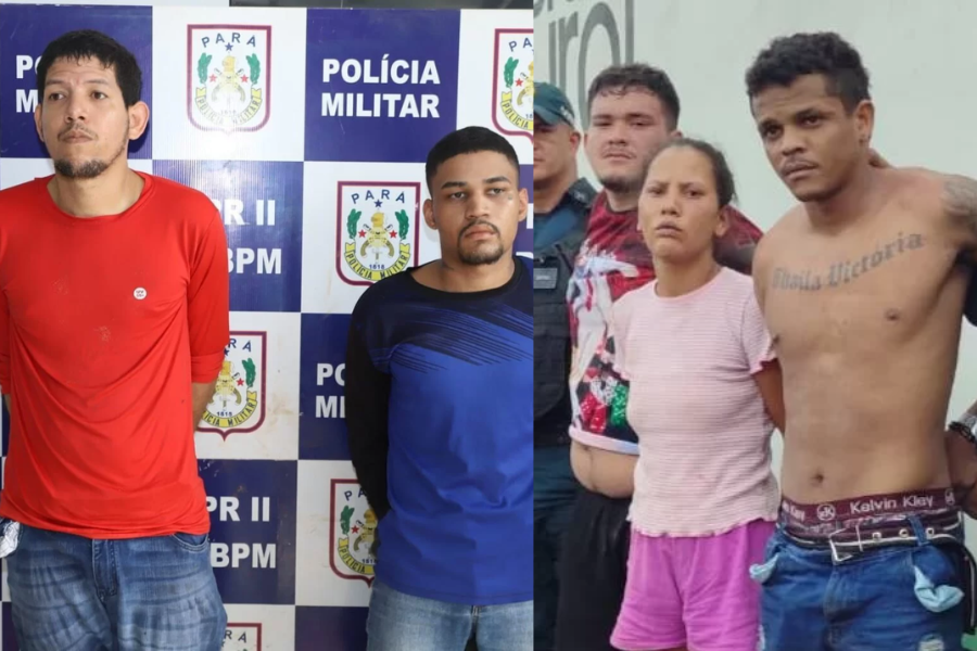 Tela dividida em dois, do lado esquerdo dois suspeitos aparecem presos na frente de um painel da Polícia Militar do Pará, um deles veste uma camisa de mangas longas laranjada e o outro com uma camisa de mangas longas pretas com detalhes em azul escuro. Do lado direito, o trio aparece algemado com as mãos para trás, dois homens, um sem camisa e outro de camisa vermelha, no meio deles uma mulher vestindo blusa e short rosa.