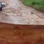 A imagem mostra um trecho de uma estrada de lama após o desabamento.