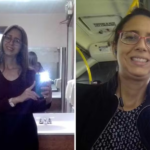Tela dividida com duas imagens, do lado direito é uma selfie da vítima sorrindo sentada em um transporte público, ela usa óculos, um casaco preto e está de cabelo preso. Do lado esquerdo é uma selfie no espelho da vítima, que segura o celular vestindo uma sueter escuro e blusa preta, usando óculos.