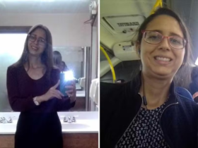 Tela dividida com duas imagens, do lado direito é uma selfie da vítima sorrindo sentada em um transporte público, ela usa óculos, um casaco preto e está de cabelo preso. Do lado esquerdo é uma selfie no espelho da vítima, que segura o celular vestindo uma sueter escuro e blusa preta, usando óculos.
