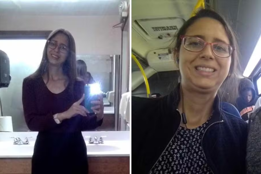 Tela dividida com duas imagens, do lado direito é uma selfie da vítima sorrindo sentada em um transporte público, ela usa óculos, um casaco preto e está de cabelo preso. Do lado esquerdo é uma selfie no espelho da vítima, que segura o celular vestindo uma sueter escuro e blusa preta, usando óculos.