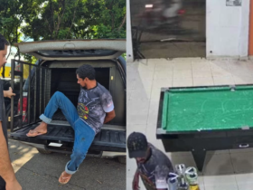 Imagem da prisão do suspeito e das câmeras de segurança no momento do crime.