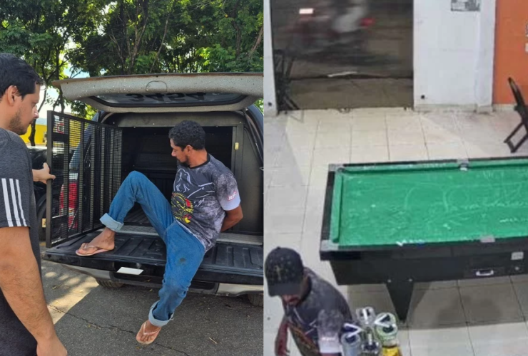 Imagem da prisão do suspeito e das câmeras de segurança no momento do crime.