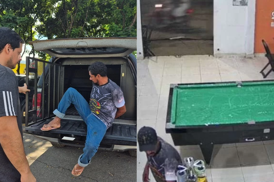Imagem da prisão do suspeito e das câmeras de segurança no momento do crime.