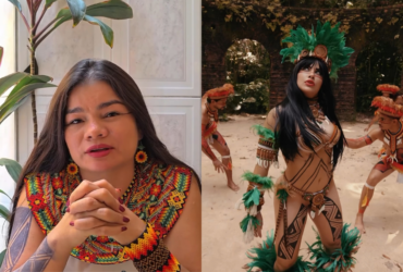 Imagem dividida, de um lado um recorte do vídeo da Nice Tupinambá e do lado direito um recorte do clipe da banda AR-15.