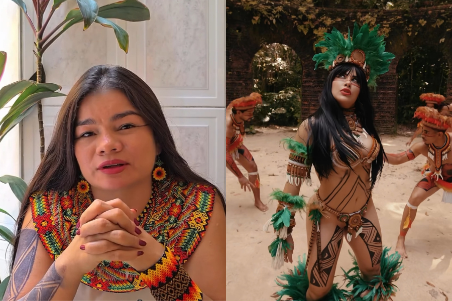 Imagem dividida, de um lado um recorte do vídeo da Nice Tupinambá e do lado direito um recorte do clipe da banda AR-15.