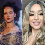 Imagem dividida, do lardo esquerdo está uma selfie da suspeita de cabelo loiro. Do lado direito está uma foto da cantora Rihanna vestindo um casaco de pele.