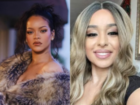 Imagem dividida, do lardo esquerdo está uma selfie da suspeita de cabelo loiro. Do lado direito está uma foto da cantora Rihanna vestindo um casaco de pele.