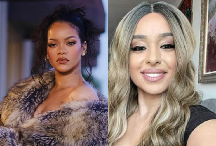 Imagem dividida, do lardo esquerdo está uma selfie da suspeita de cabelo loiro. Do lado direito está uma foto da cantora Rihanna vestindo um casaco de pele.