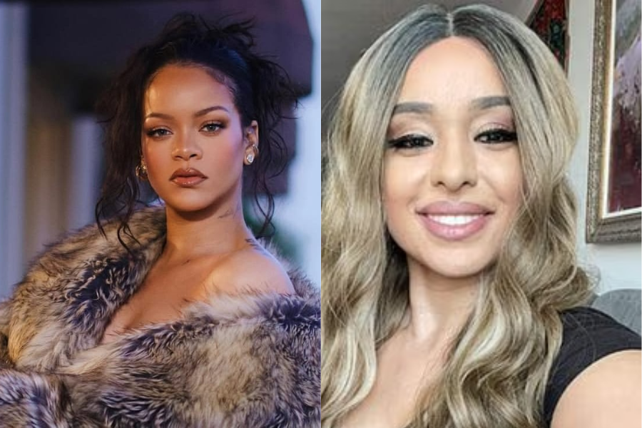 Imagem dividida, do lardo esquerdo está uma selfie da suspeita de cabelo loiro. Do lado direito está uma foto da cantora Rihanna vestindo um casaco de pele.