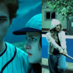 Imagem dividida, com um recorte da cena do basebal no filme Crepúsculo do lado esquerdo e do lado direito um recorte do vídeo dos alunos de Abaetetuba com uma adolescente segurando um bastão de basebal.