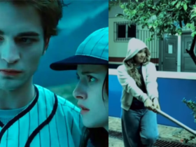 Imagem dividida, com um recorte da cena do basebal no filme Crepúsculo do lado esquerdo e do lado direito um recorte do vídeo dos alunos de Abaetetuba com uma adolescente segurando um bastão de basebal.