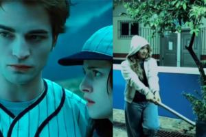 Imagem dividida, com um recorte da cena do basebal no filme Crepúsculo do lado esquerdo e do lado direito um recorte do vídeo dos alunos de Abaetetuba com uma adolescente segurando um bastão de basebal.