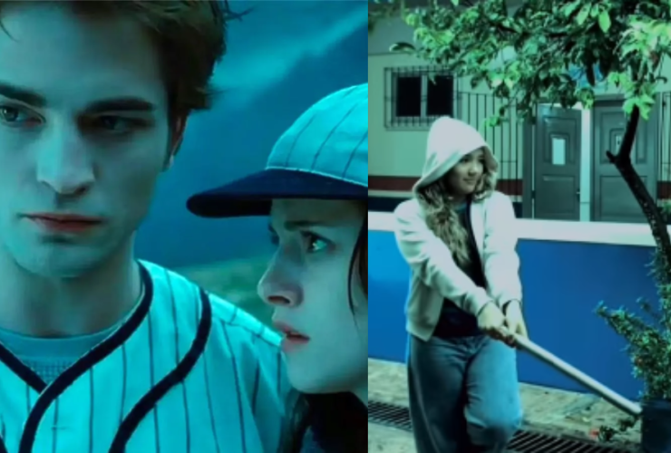 Imagem dividida, com um recorte da cena do basebal no filme Crepúsculo do lado esquerdo e do lado direito um recorte do vídeo dos alunos de Abaetetuba com uma adolescente segurando um bastão de basebal.