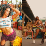 Imagem dividida com uma foto da Alane Dias do lado esquerdo, vestindo saia, botas e uma blusa escrito "Princesinha da Amazônia" em um cenário de feira. Do lado esquerdo segue um trecho do vídeo onde Alane e a coreógrafa Aline dançam.