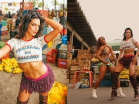 Imagem dividida com uma foto da Alane Dias do lado esquerdo, vestindo saia, botas e uma blusa escrito "Princesinha da Amazônia" em um cenário de feira. Do lado esquerdo segue um trecho do vídeo onde Alane e a coreógrafa Aline dançam.