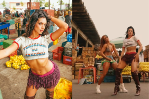 Imagem dividida com uma foto da Alane Dias do lado esquerdo, vestindo saia, botas e uma blusa escrito "Princesinha da Amazônia" em um cenário de feira. Do lado esquerdo segue um trecho do vídeo onde Alane e a coreógrafa Aline dançam.