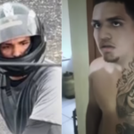 Imagem dividida, do lado esquerdo registro do momento do crime com o suspeito em uma moto usando capacete, do lado direito imagem do momento em que o suspeito é preso pela polícia.