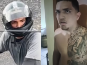 Imagem dividida, do lado esquerdo registro do momento do crime com o suspeito em uma moto usando capacete, do lado direito imagem do momento em que o suspeito é preso pela polícia.