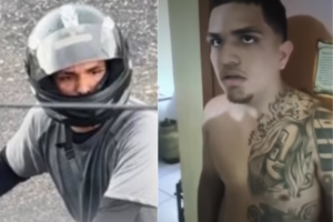 Imagem dividida, do lado esquerdo registro do momento do crime com o suspeito em uma moto usando capacete, do lado direito imagem do momento em que o suspeito é preso pela polícia.